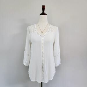 JOHN PAUL RICHARD | Crochet Peasant Blouse Size S Ivory Lace Trim Gauze Bohemian